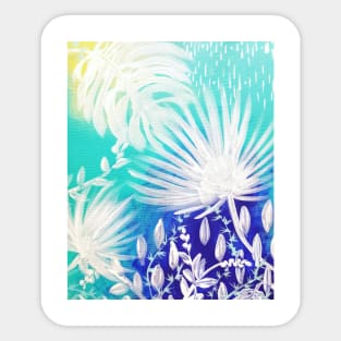 White tropical leaves on blue Sticker